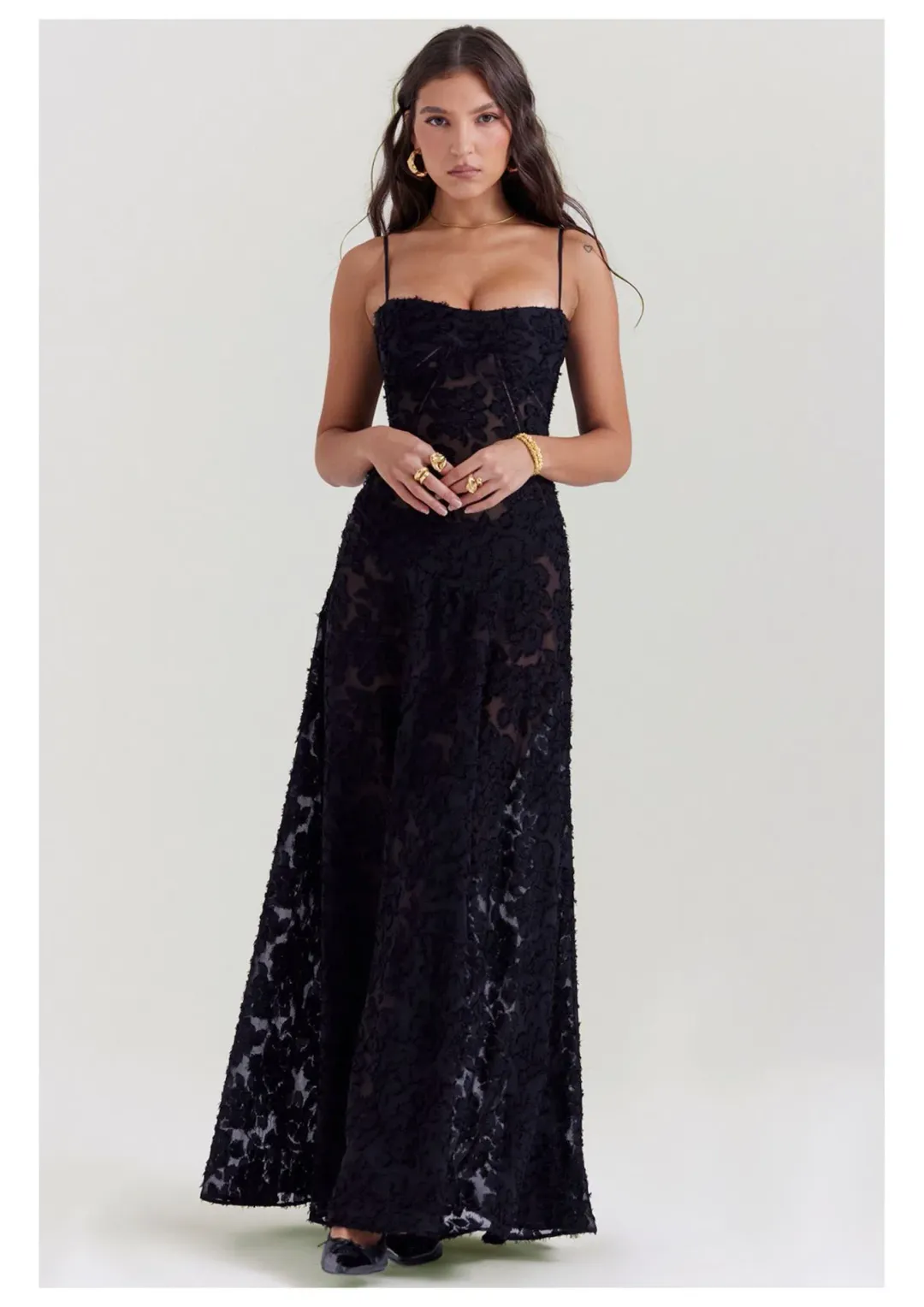 House Of CB Seren Lace Back Maxi Dress Black Floral Size S / AU 8 for rent on The Volte - main image