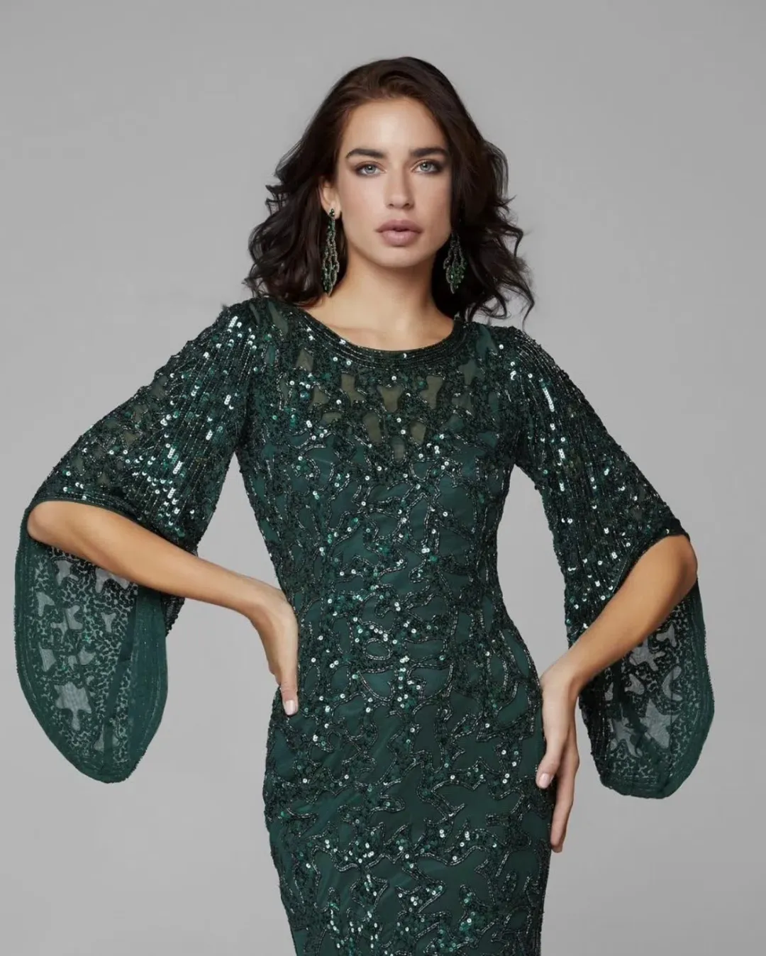 Primavera Couture 9713 Sheer Back Sequin Evening Dress Forest Green Size 12 for rent on The Volte - main image