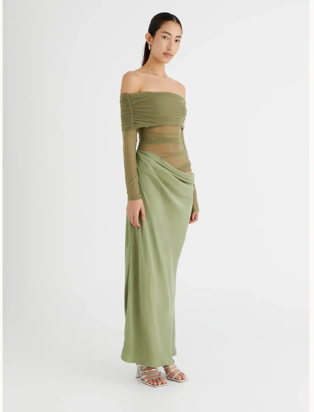 Benni Yasmin Off Shoulder Maxi Dress in Pistachio Size 8 - Image 2