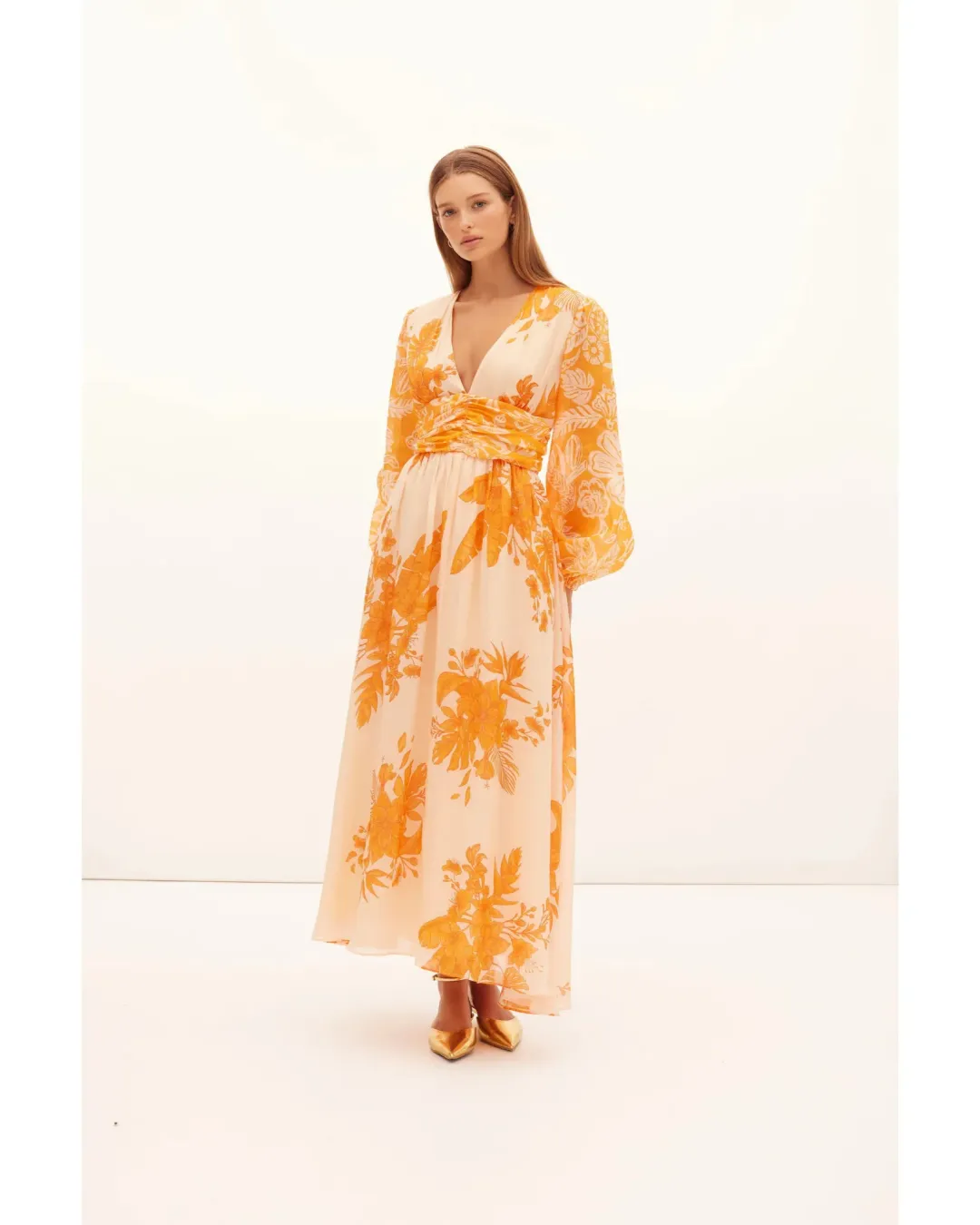 Kate Ford Hester Ruched Gown Orange Print Size AU 12 for rent on The Volte - main image
