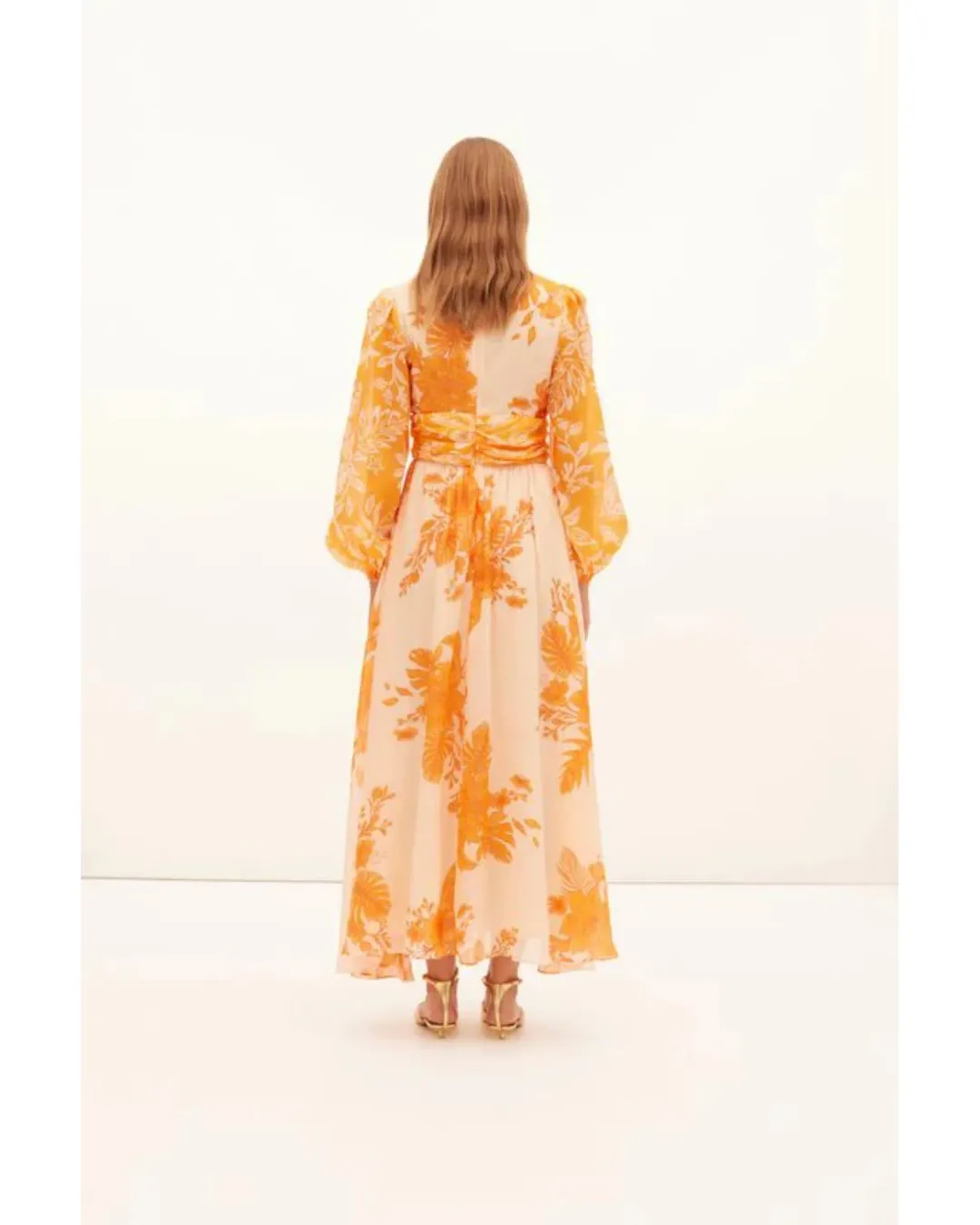 Kate Ford Hester Ruched Gown Orange Print Size AU 12 for rent on The Volte - main image