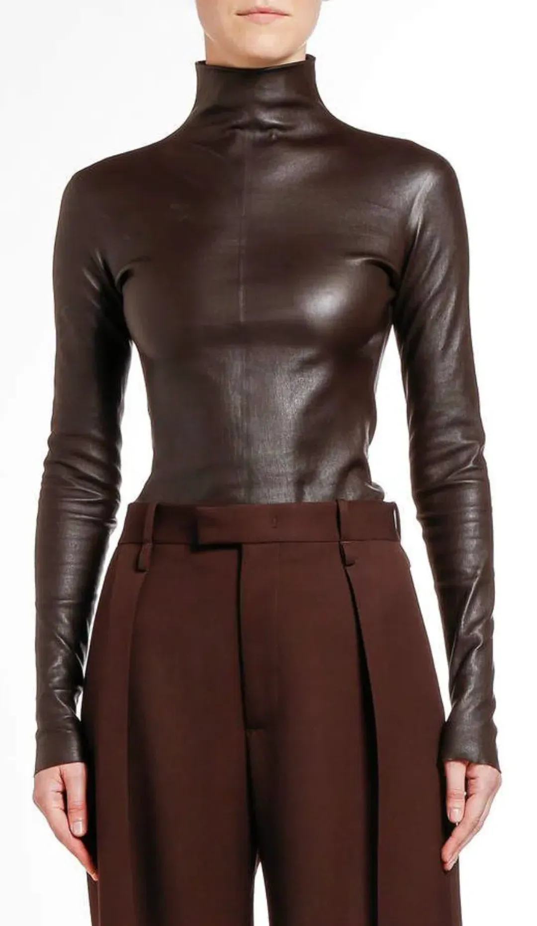 Bottega Veneta Leather Turtle Neck Top Brown Size AU 6 for rent on The Volte - main image