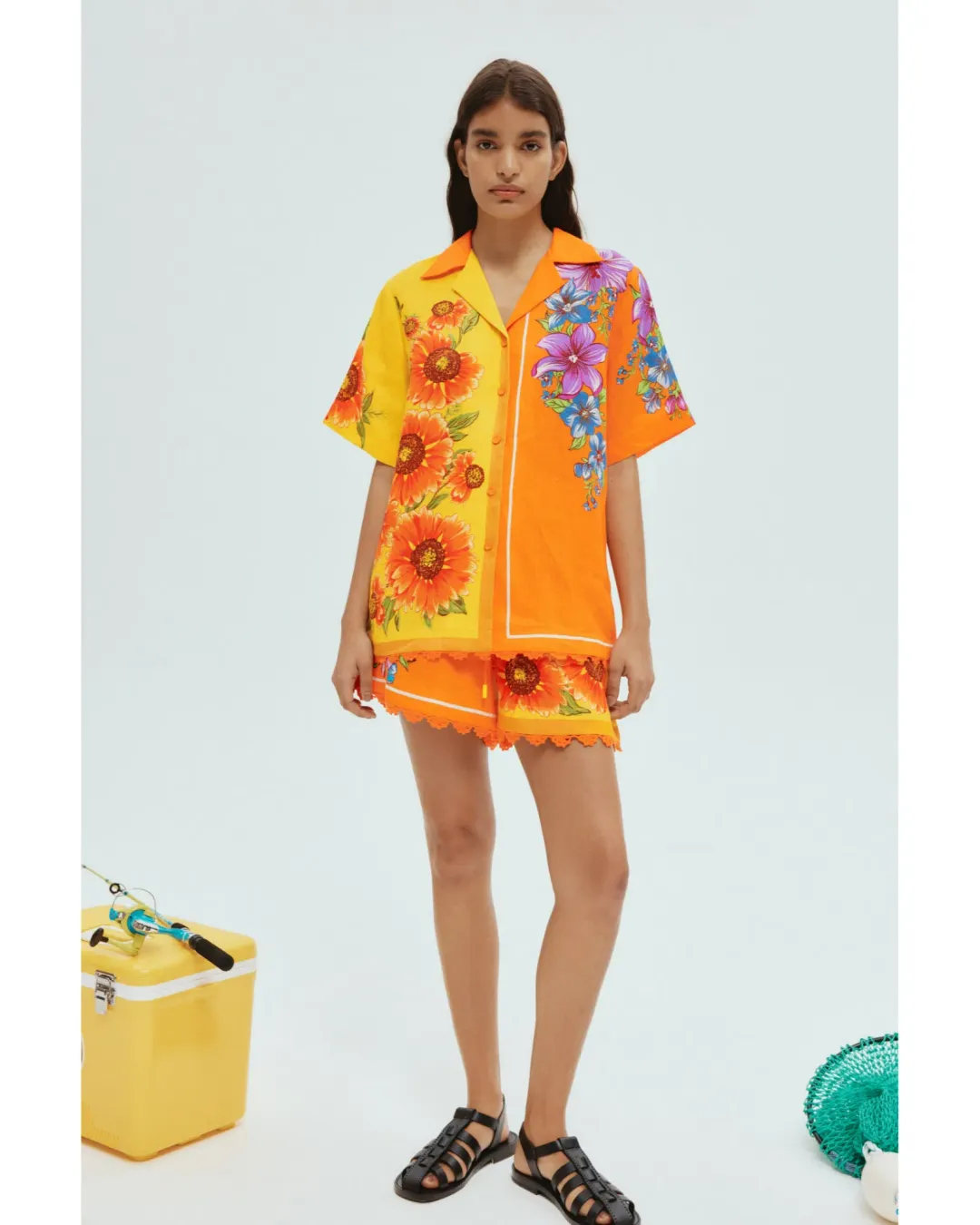 Alemais Jude Oversized Linen Shirt and Short Set Orange Floral Size AU 14 for rent on The Volte - main image