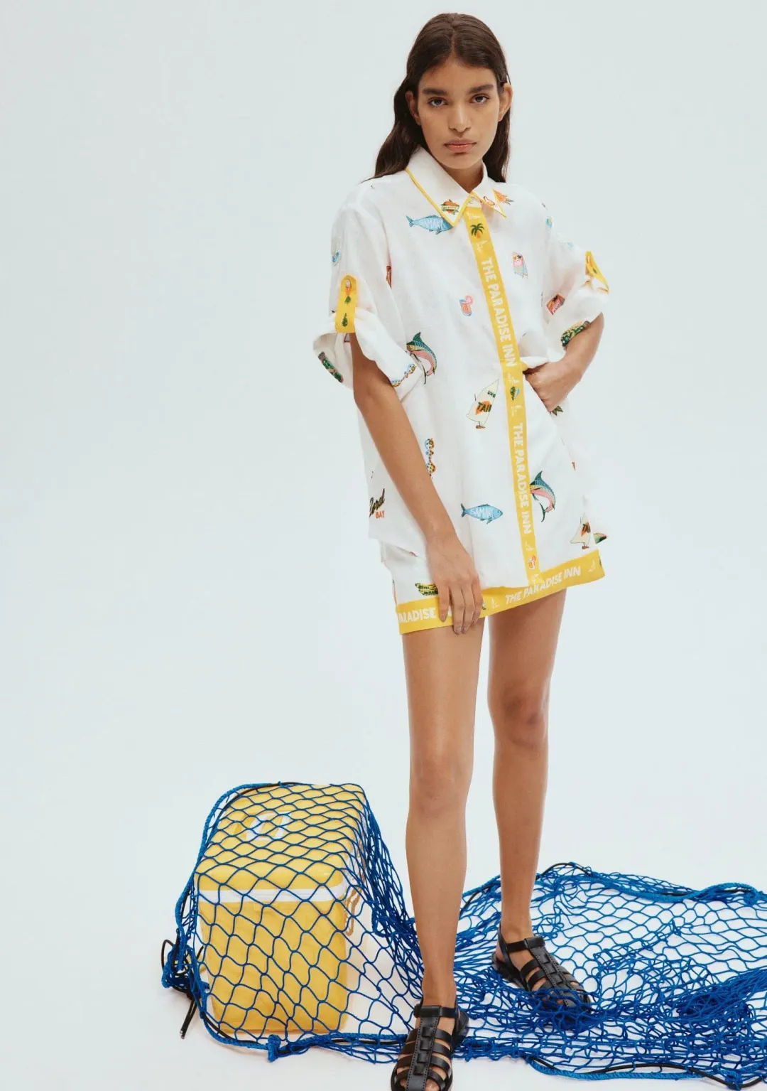 Alemais Blue Marlin Embroidered Shirt and Skirt Set Cream Multi Size 14 for rent on The Volte - main image