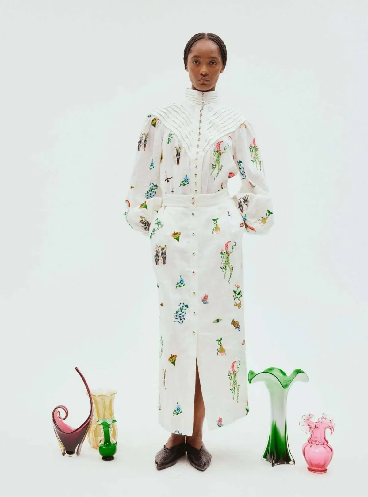 Alemais Atticus Embroidered Shirt and Skirt Set Cream Multi Size 12 - Image 1