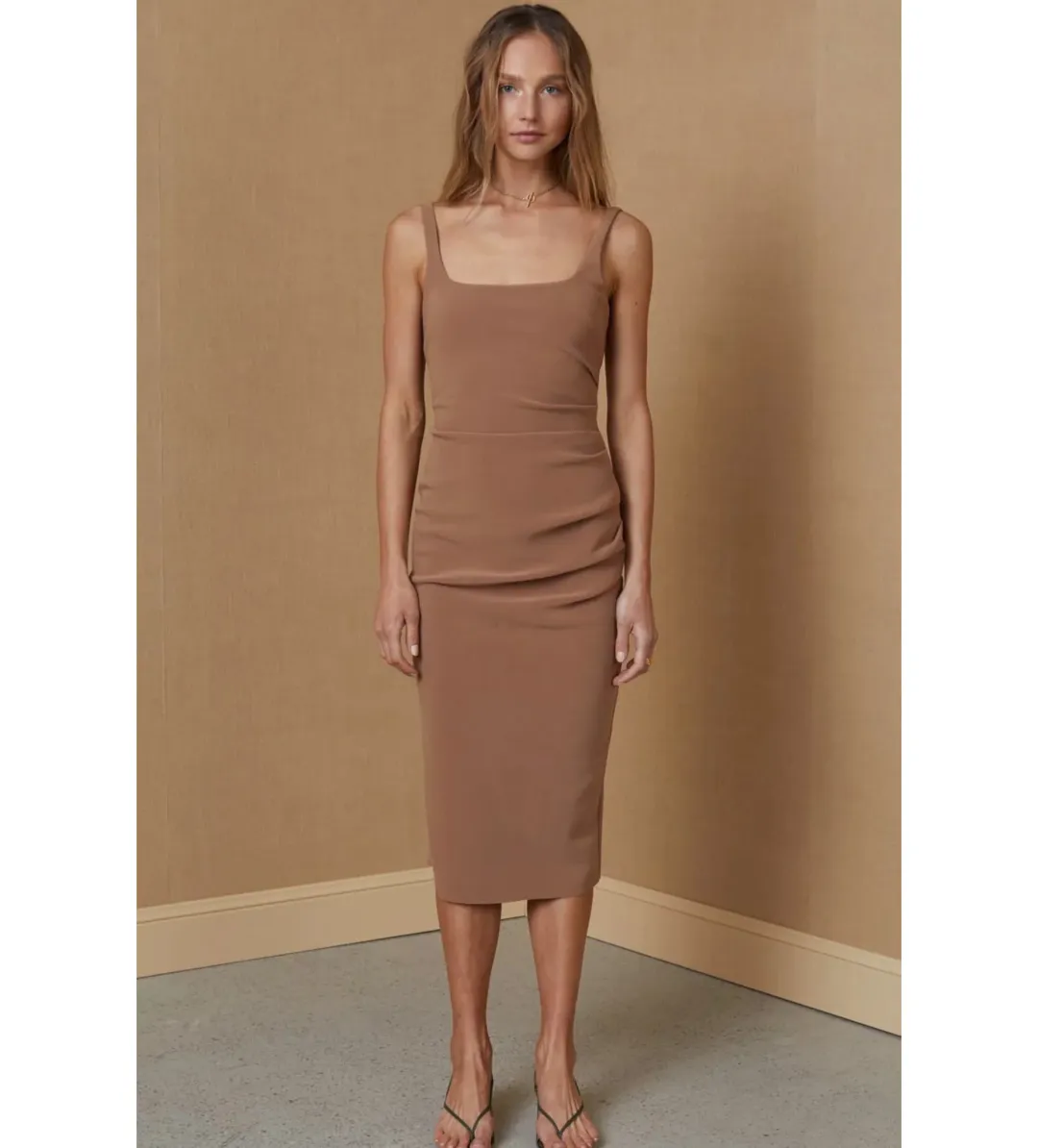 Bec & Bridge Karina Tuck Midi Dress Milk Chocolate Size 10 for rent on The Volte - main image
