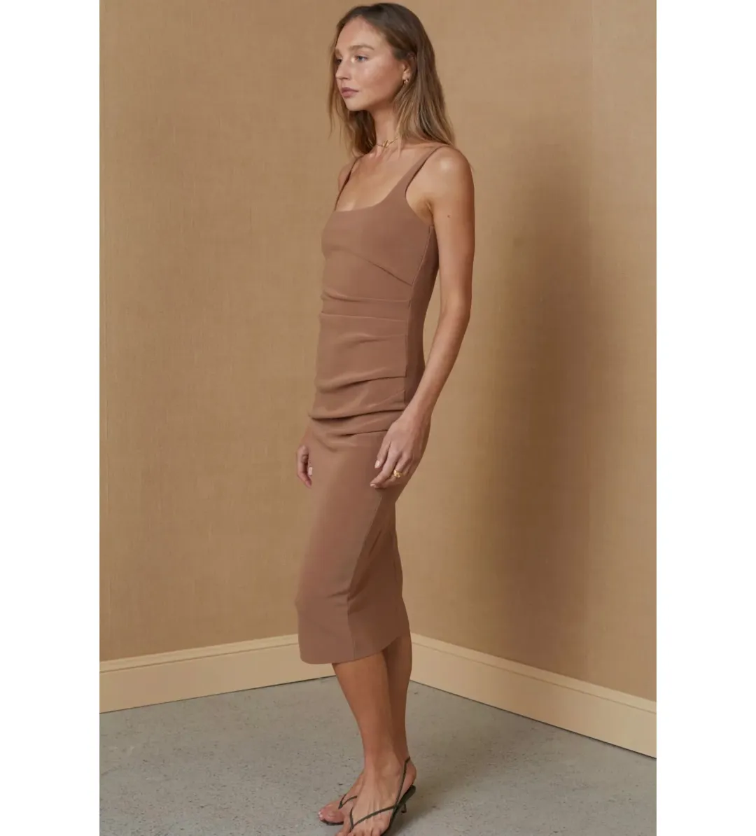 Bec & Bridge Karina Tuck Midi Dress Milk Chocolate Size 10 for rent on The Volte - main image