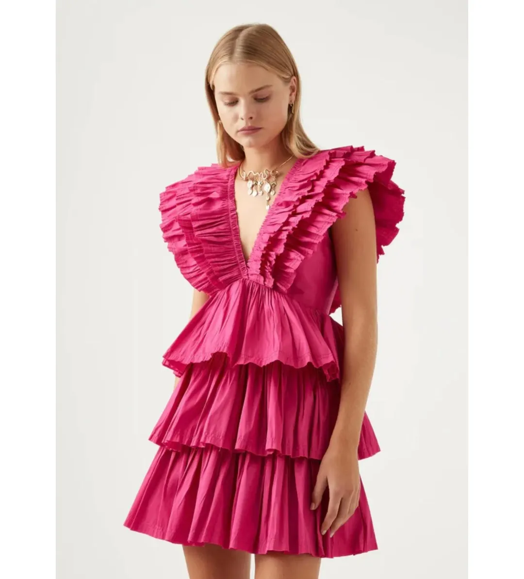 Aje Rhythmic Frilled Mini Dress Fuchsia Size 10 for rent on The Volte - main image