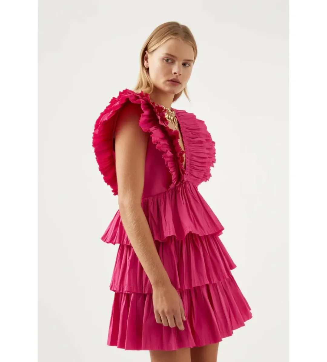 Aje Rhythmic Frilled Mini Dress Fuchsia Size 10 for rent on The Volte - main image