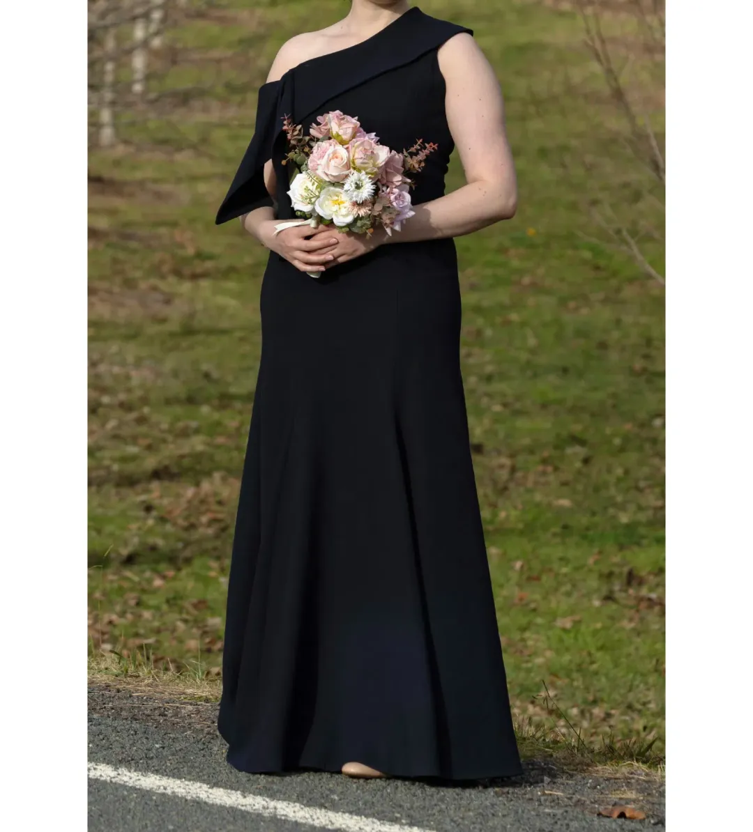 Carla Zampatti Ink Crepe Fascia Asymmetrical Gown Navy Size 12 for rent on The Volte - main image