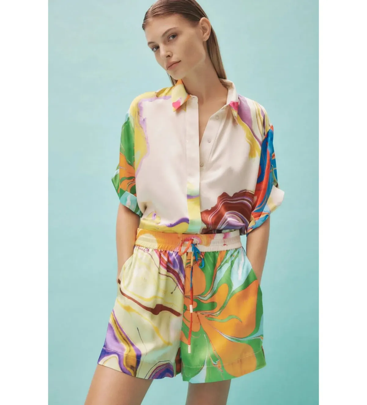 Alemais Luca Silk Shirt and Short Set Multi Size 16 - Image 3