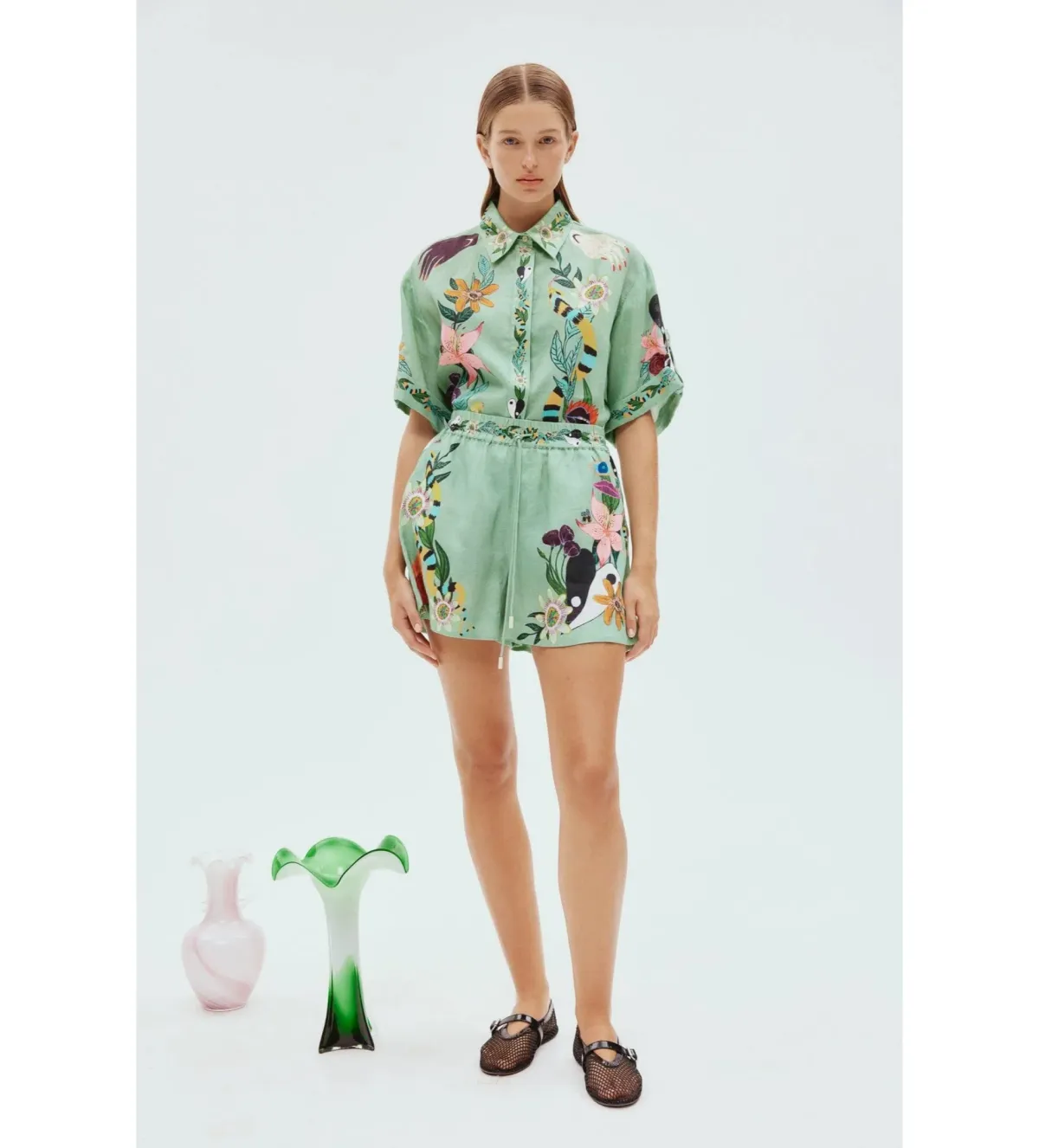 Alemais Meagan Linen Shirt and Short Set Green Size 16 - Image 1