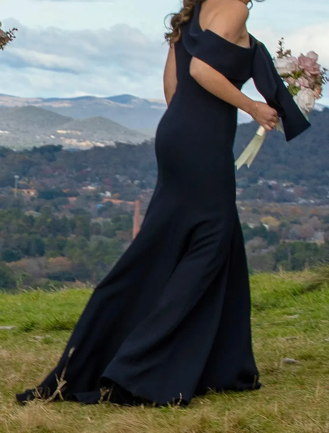 Carla Zampatti Crepe Fascia Asymmetrical Floor Length Gown Navy Size 8 for rent on The Volte - main image