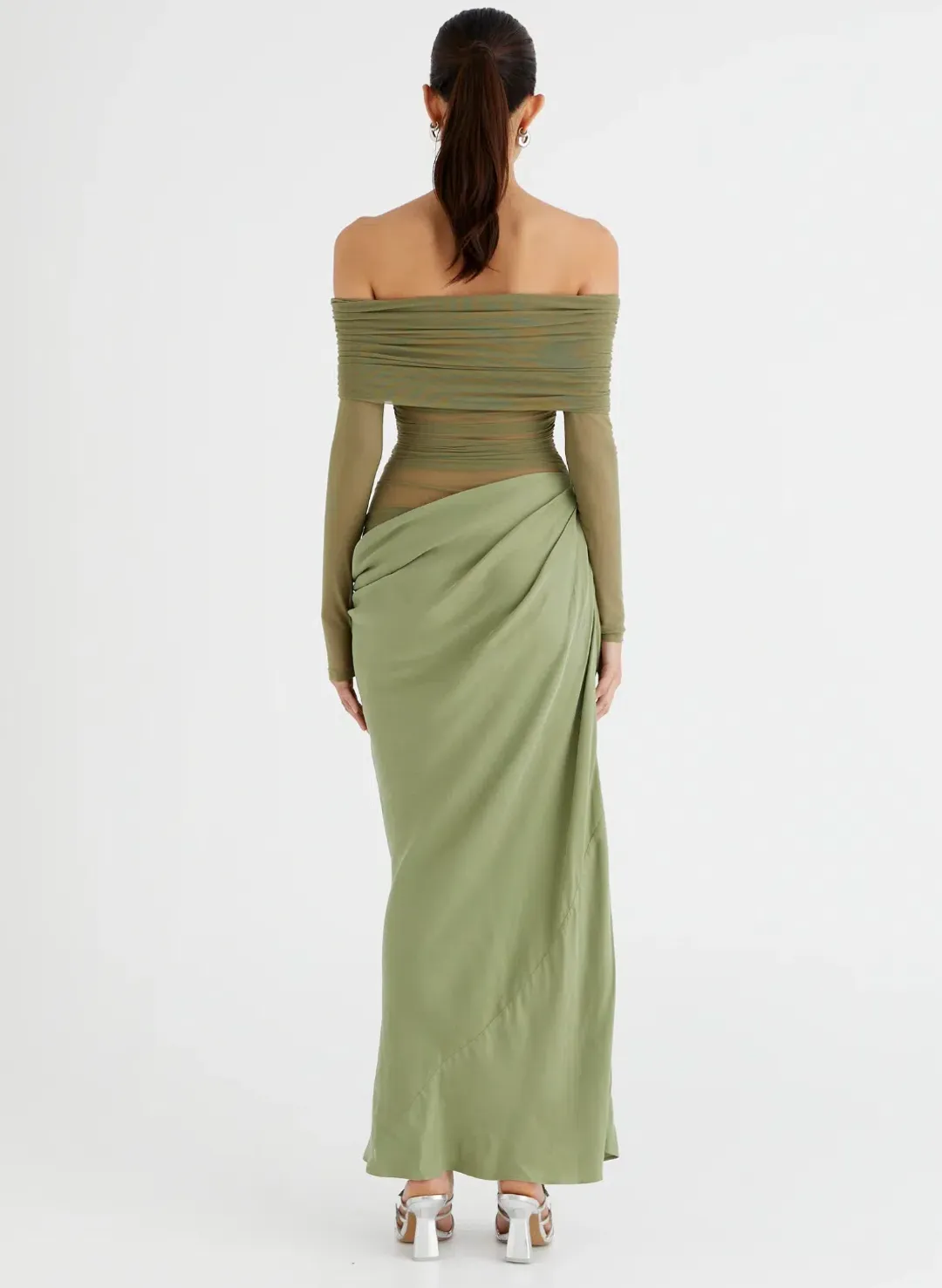 Benni Yasmin Off Shoulder Maxi Dress Pistachio Green Size 10 for rent on The Volte - main image