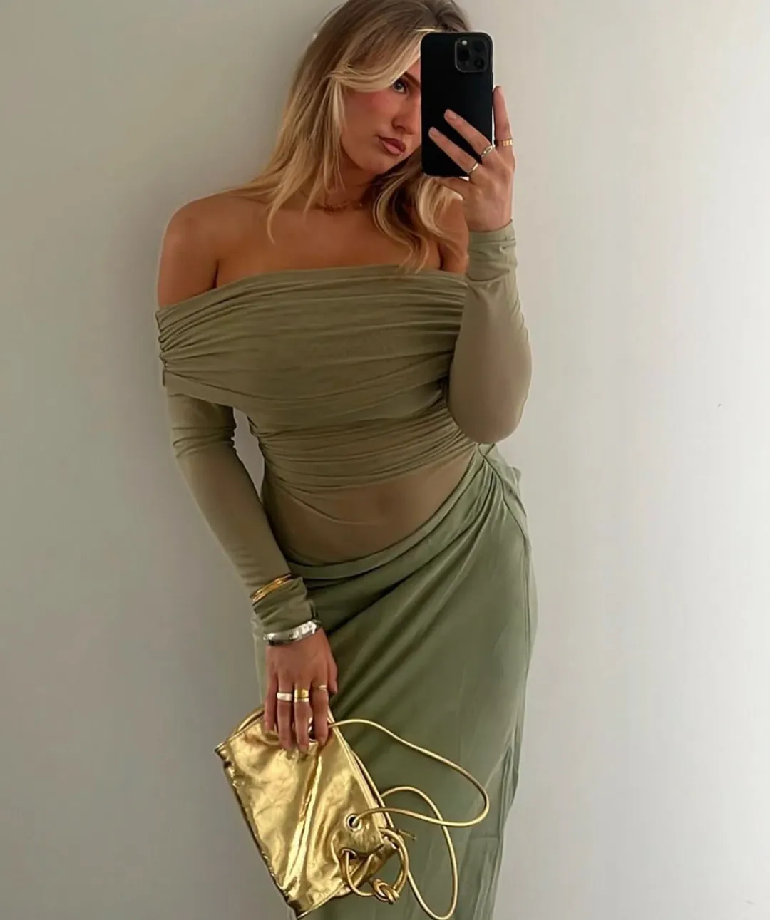 Benni Yasmin Off Shoulder Maxi Dress Pistachio Green Size 10 for rent on The Volte - main image