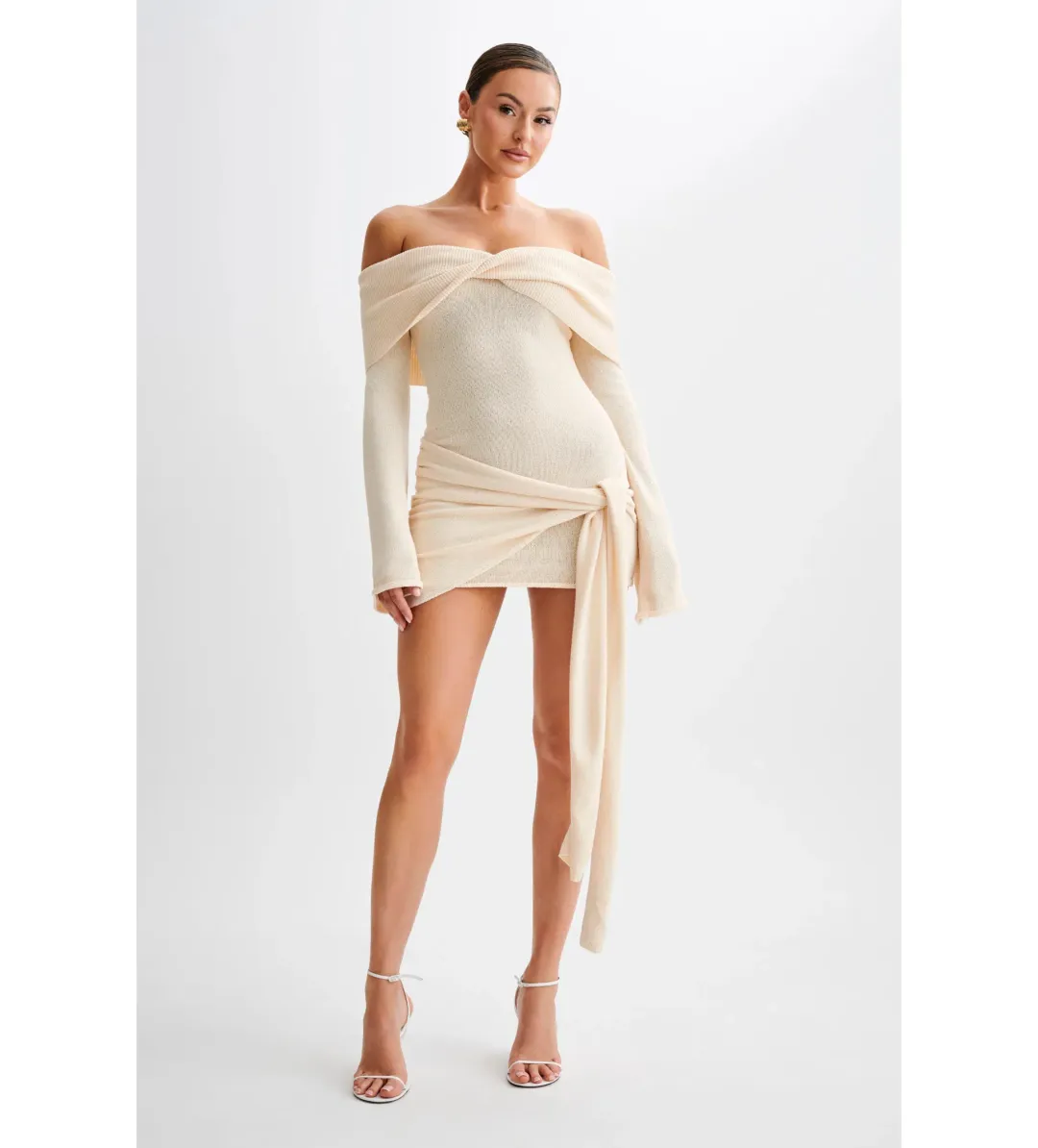 MESHKI Camryn Off Shoulder Tie Knit Mini Dress in Cream Marle Size S/AU 8 for rent on The Volte - main image