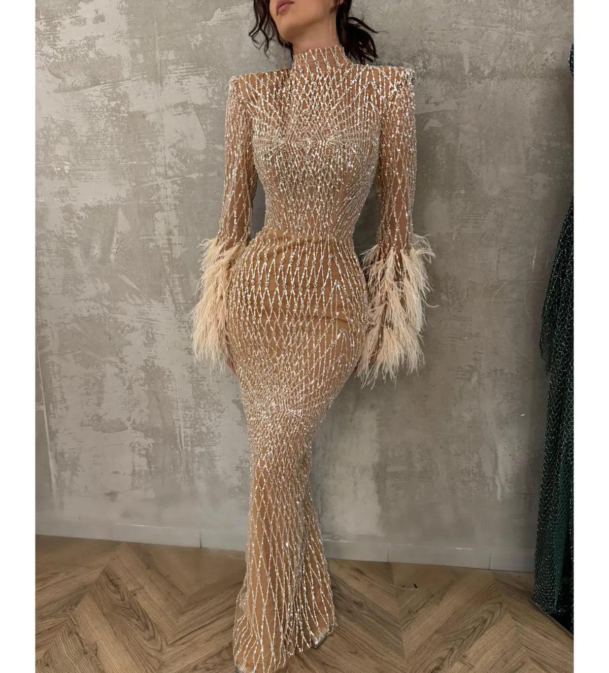 Vildane Kamerolli Elegant Feather Golden Maxi Dress Size AU 8 - Image 1