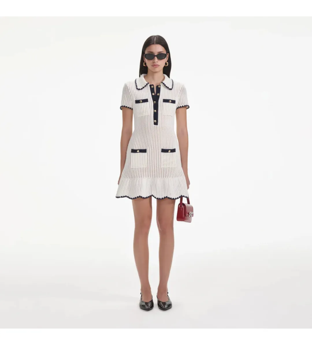 Self Portrait Cream Crochet Collared Mini Dress Size M/AU 8 for rent on The Volte - main image