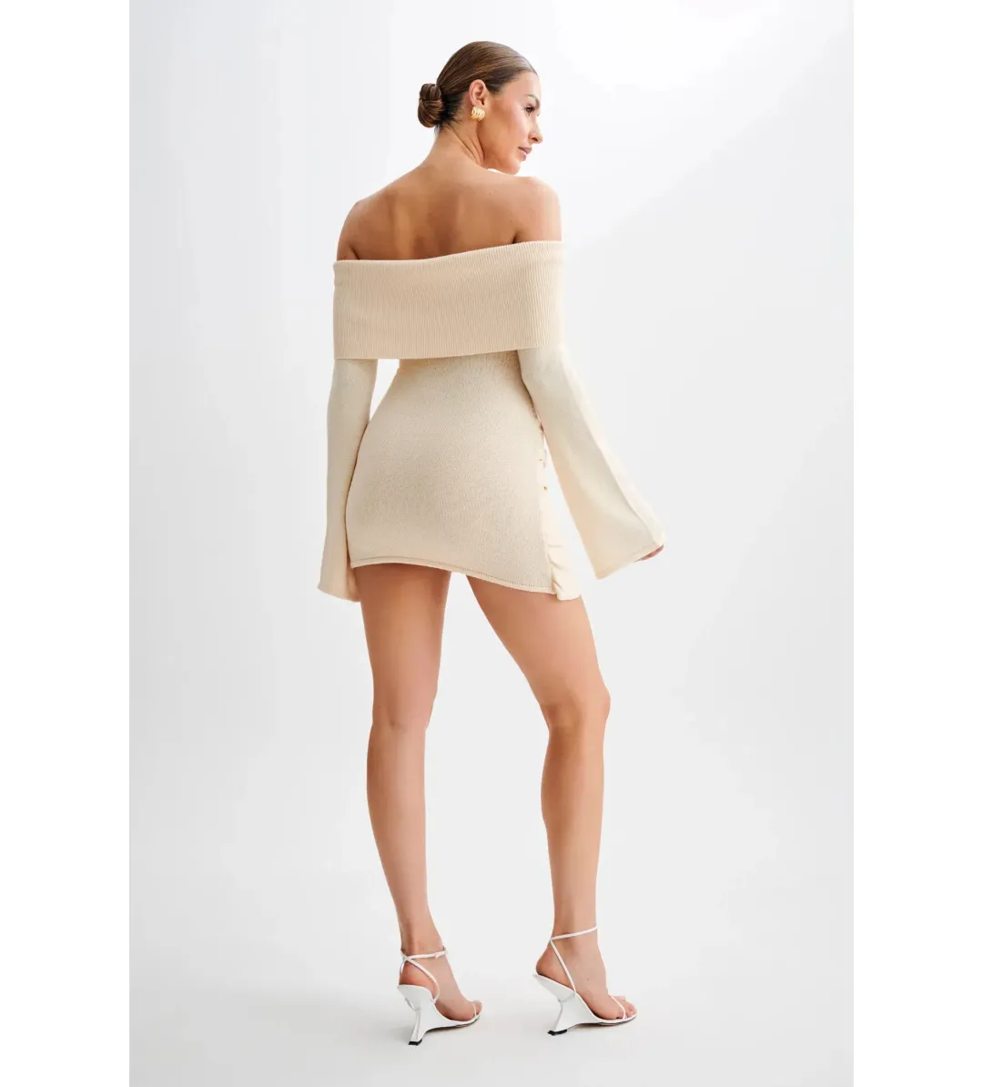 MESHKI Camryn Off Shoulder Tie Knit Mini Dress in Cream Marle Size XS/AU 6 for rent on The Volte - main image