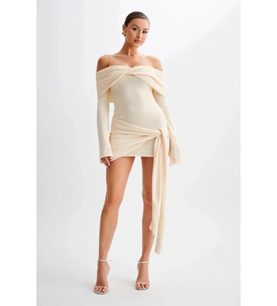 MESHKI Camryn Off Shoulder Tie Knit Mini Dress in Cream Marle Size XS/AU 6 for rent on The Volte - main image