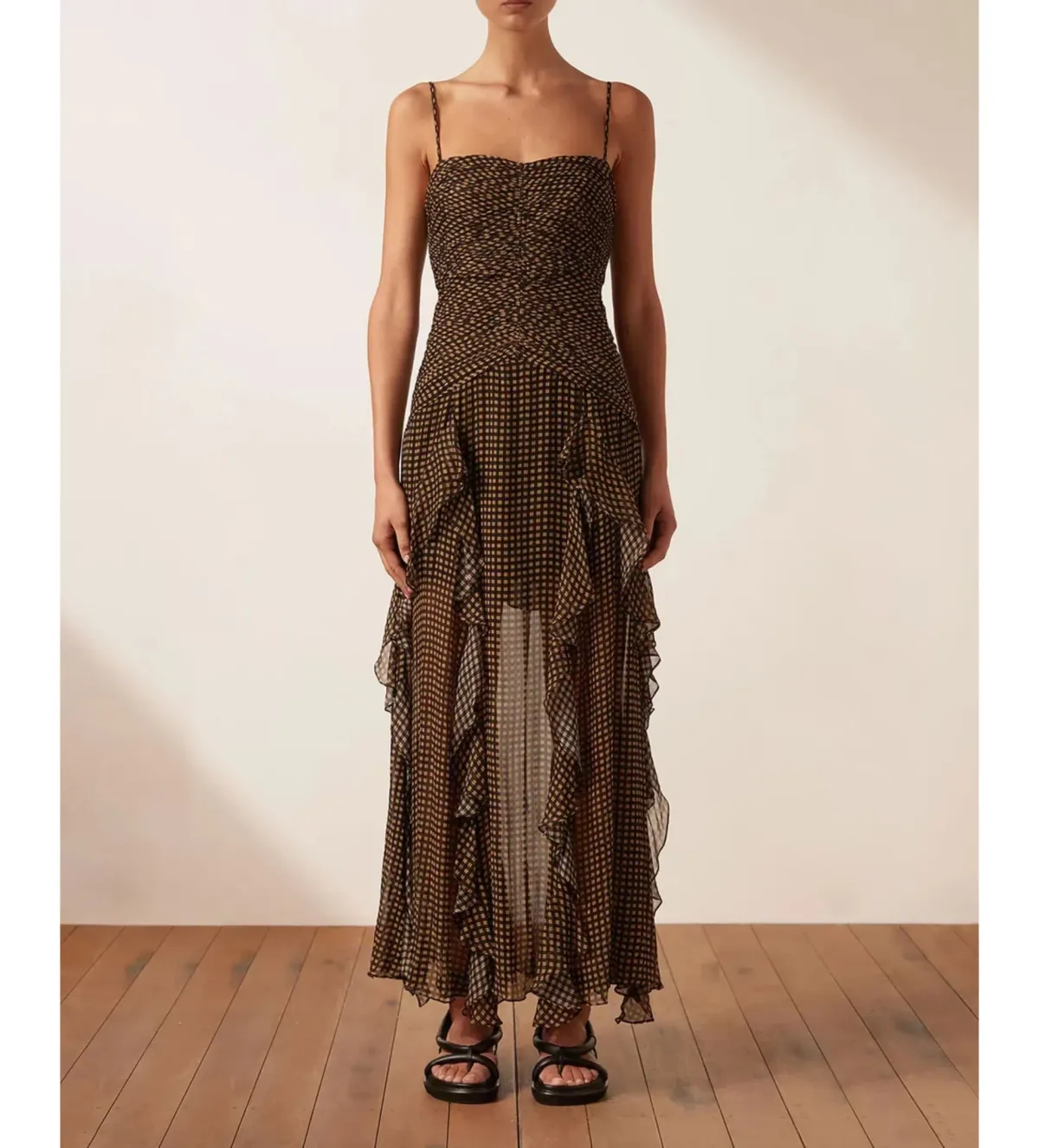 Shona Joy Sofia Ruched Frill Maxi Dress Brown Size AU 10 - Image 1