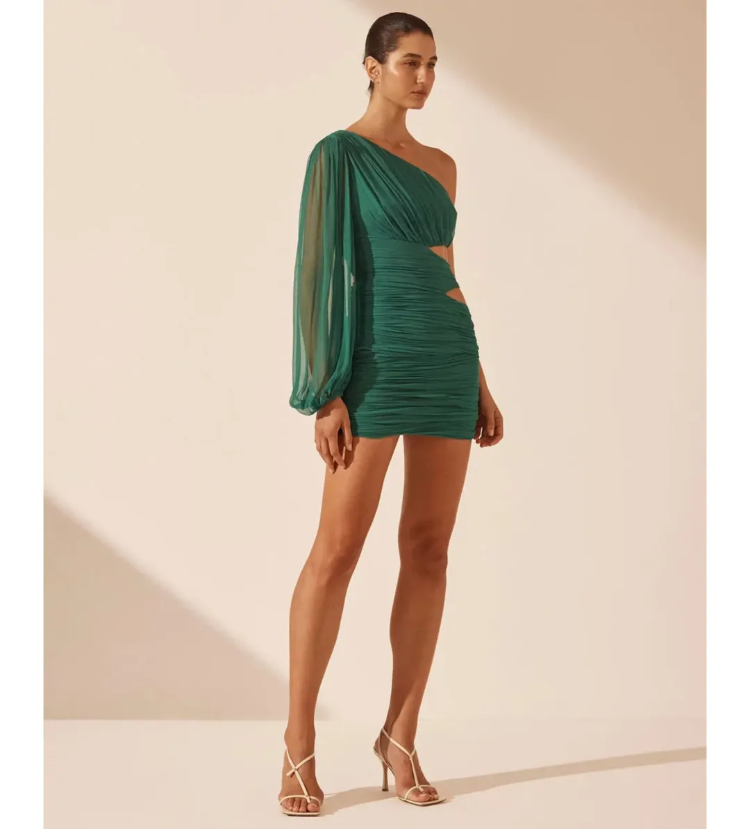 Shona Joy Margot One Shoulder Cut Out Mini Dress in Evergreen Size AU 10 for rent on The Volte - main image