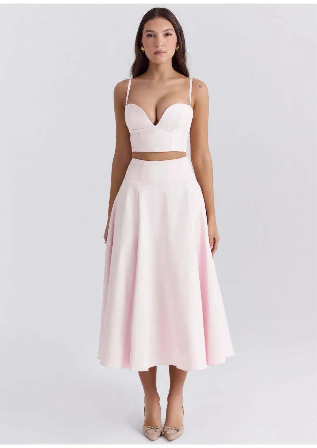 House of CB Pabla Cropped Bralette Top & Rita A-Line Midi Skirt Set Ballerina Pink Size XS / AU 6 for rent on The Volte - main image