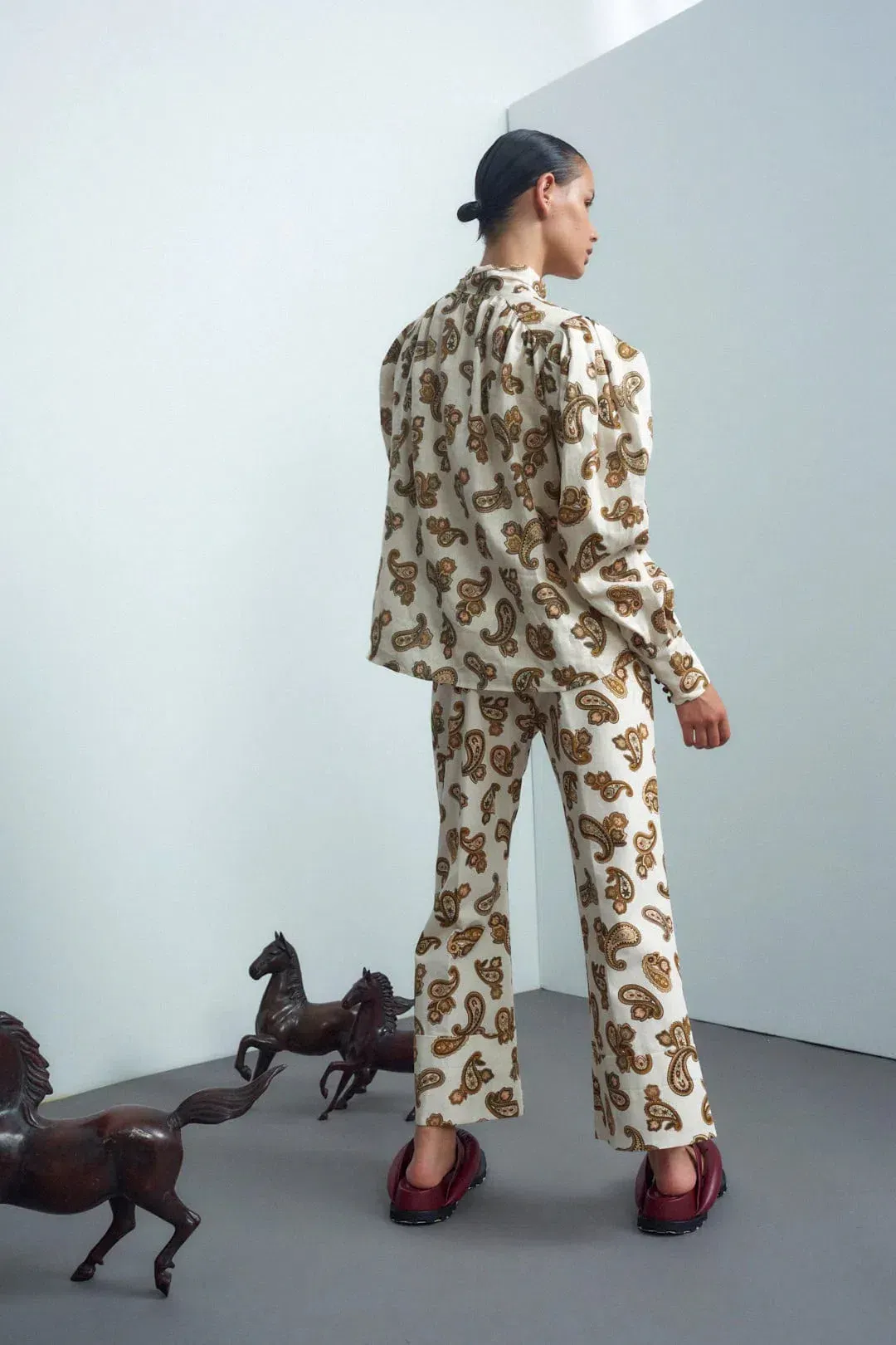 Alemais Mia Puff Blouse Size 8 & Crop Pant Size 12 Set in Cream Paisley for rent on The Volte - main image