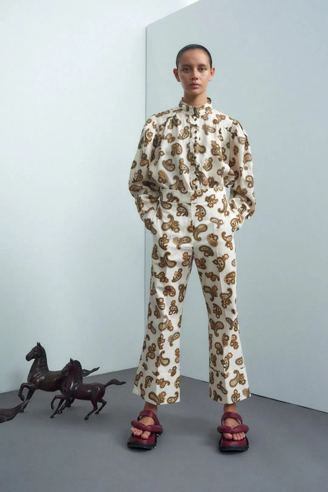 Alemais Mia Puff Blouse Size 8 & Crop Pant Size 12 Set in Cream Paisley for rent on The Volte - main image