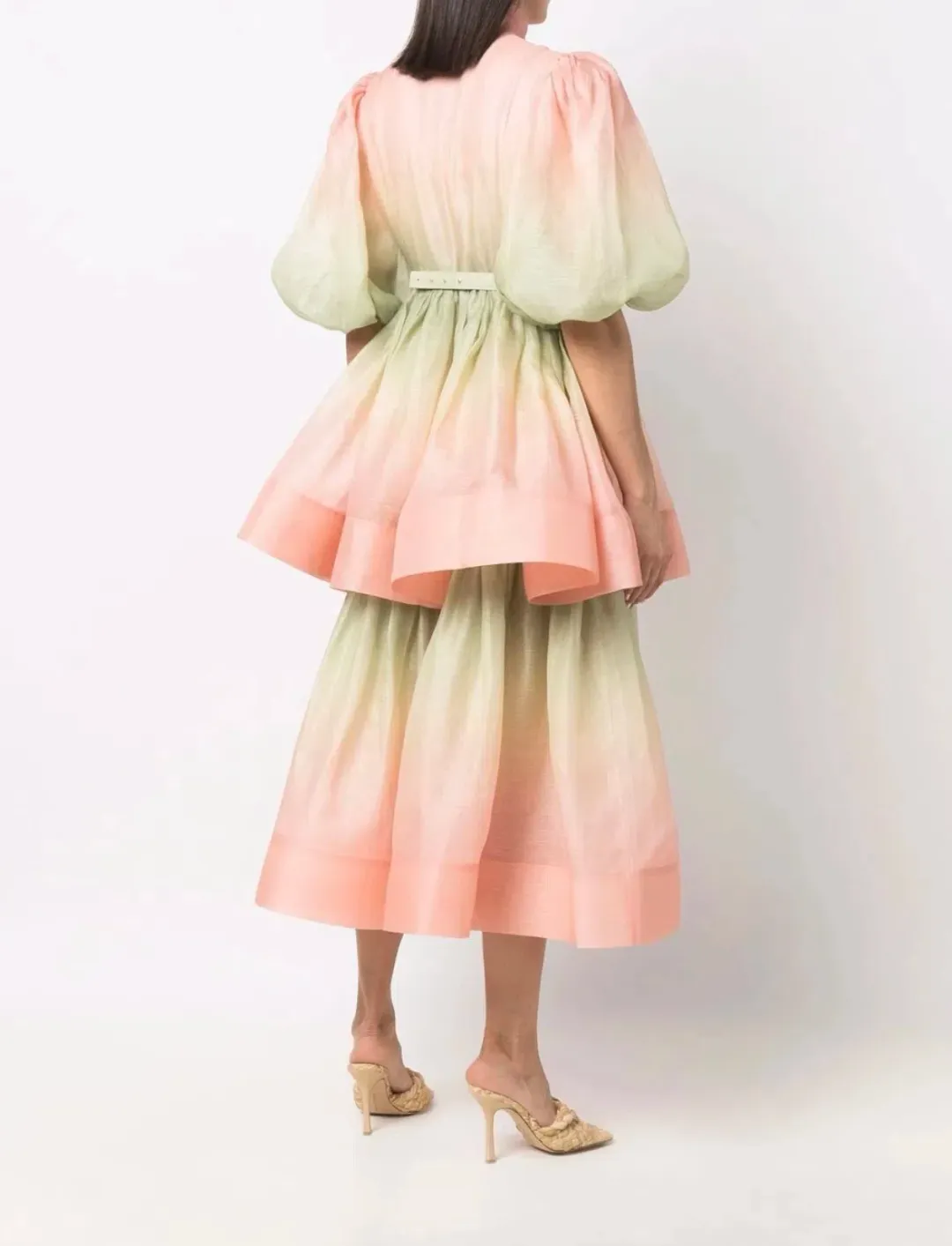Zimmermann Postcard Puff Sleeve Midi Dress Ombre Watermelon Size 3 / AU 14 for rent on The Volte - main image