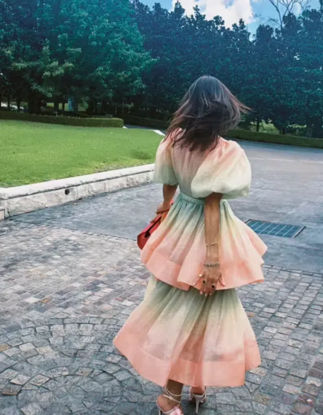 Zimmermann Postcard Puff Sleeve Midi Dress Ombre Watermelon Size 3 / AU 14 for rent on The Volte - main image