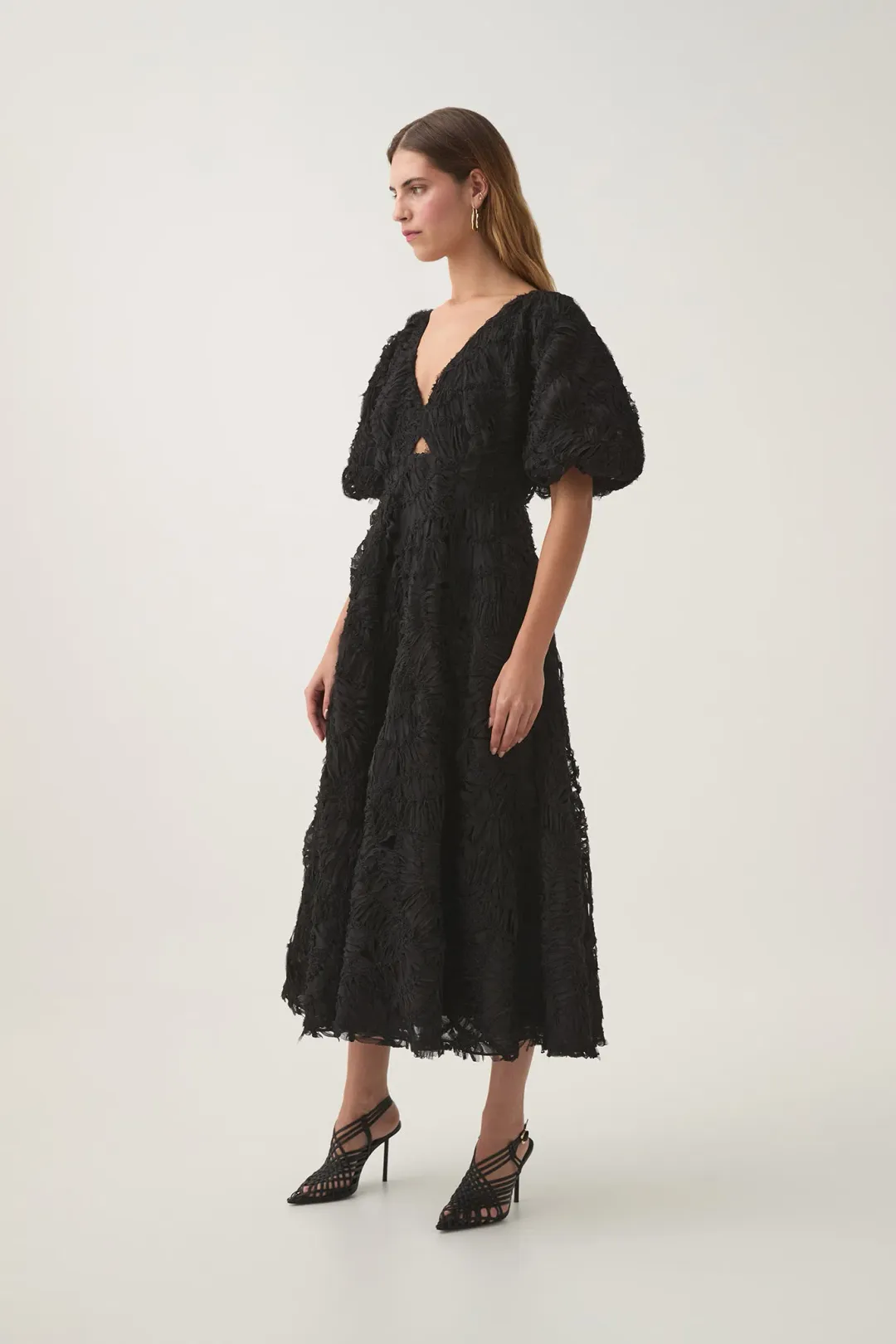 Aje Florential Textured Midi Dress Black Size 12 for rent on The Volte - main image