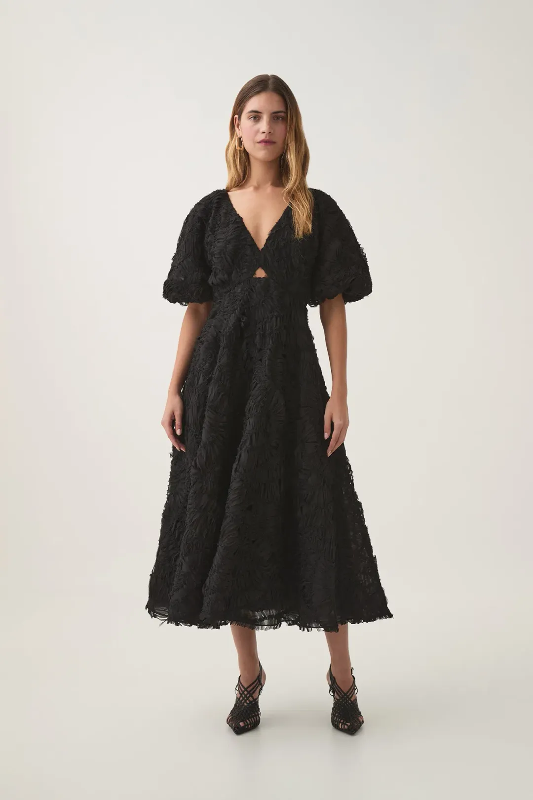Aje Florential Textured Midi Dress Black Size 12 for rent on The Volte - main image