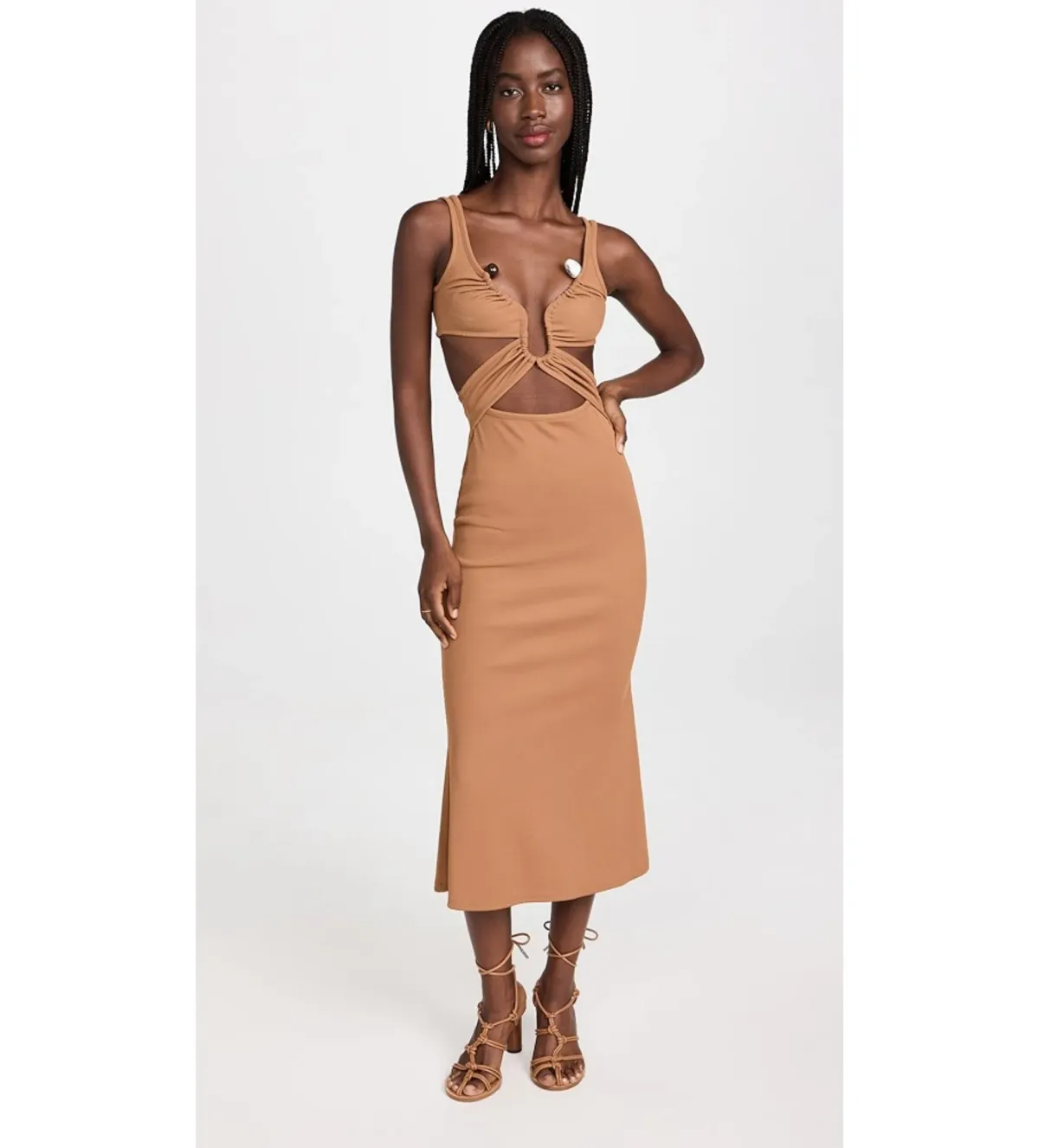 Christopher Esber Crossed Panel Ruched Crystal Dress Tan Size 10 - Image 1