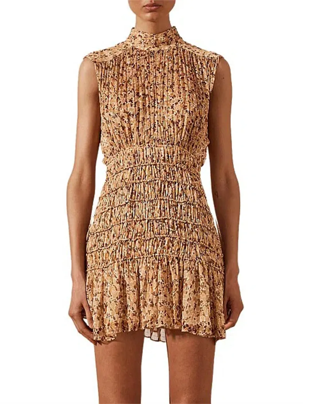 Shona Joy Colette High Neck Sleeveless Corded Mini Dress Brown Floral Size AU 8  for rent on The Volte - main image