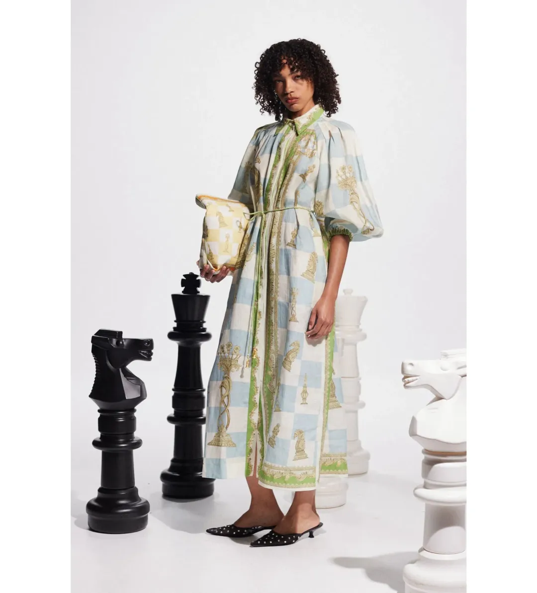 Alemais Checkmate Linen Midi Shirtdress Multi Print Size AU 16 for rent on The Volte - main image