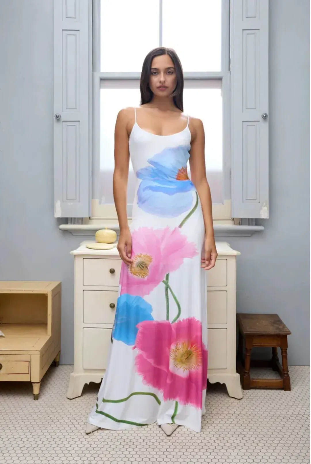 With Harper Lu Low Back Maxi Dress - Azure Poppy for rent on The Volte - main image