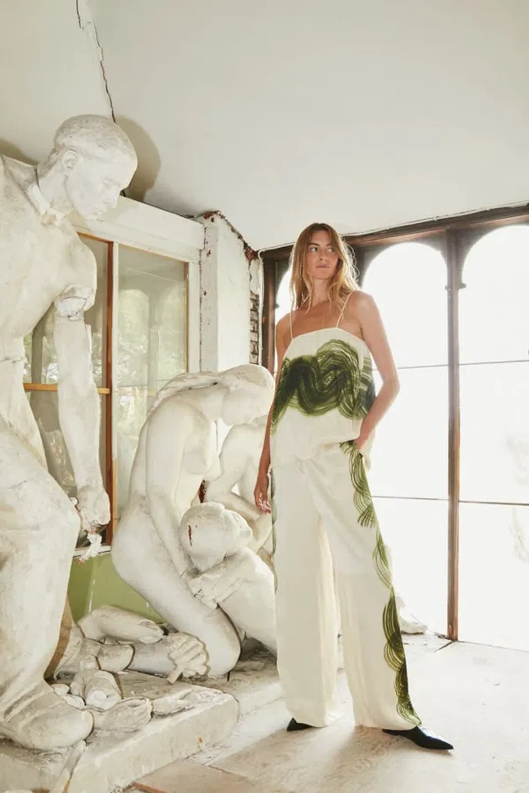 Rabens Saloner Magny Swirl String Elastic Cami and Briana Swirl Pleat Wide Pant Set in Olive Chalk Combo Size AU 10 for rent on The Volte - main image