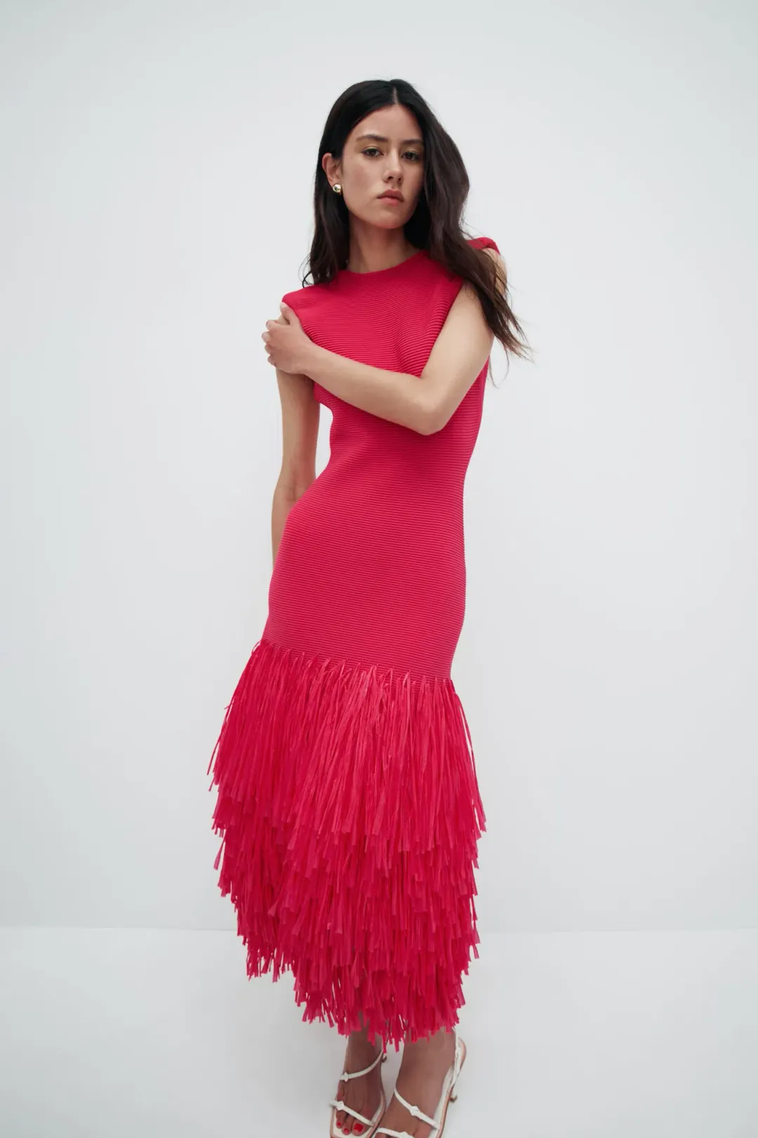 Aje Rushes Raffia Knit Midi Dress in Deep Fuschia Size M (AU 10) for rent on The Volte - main image