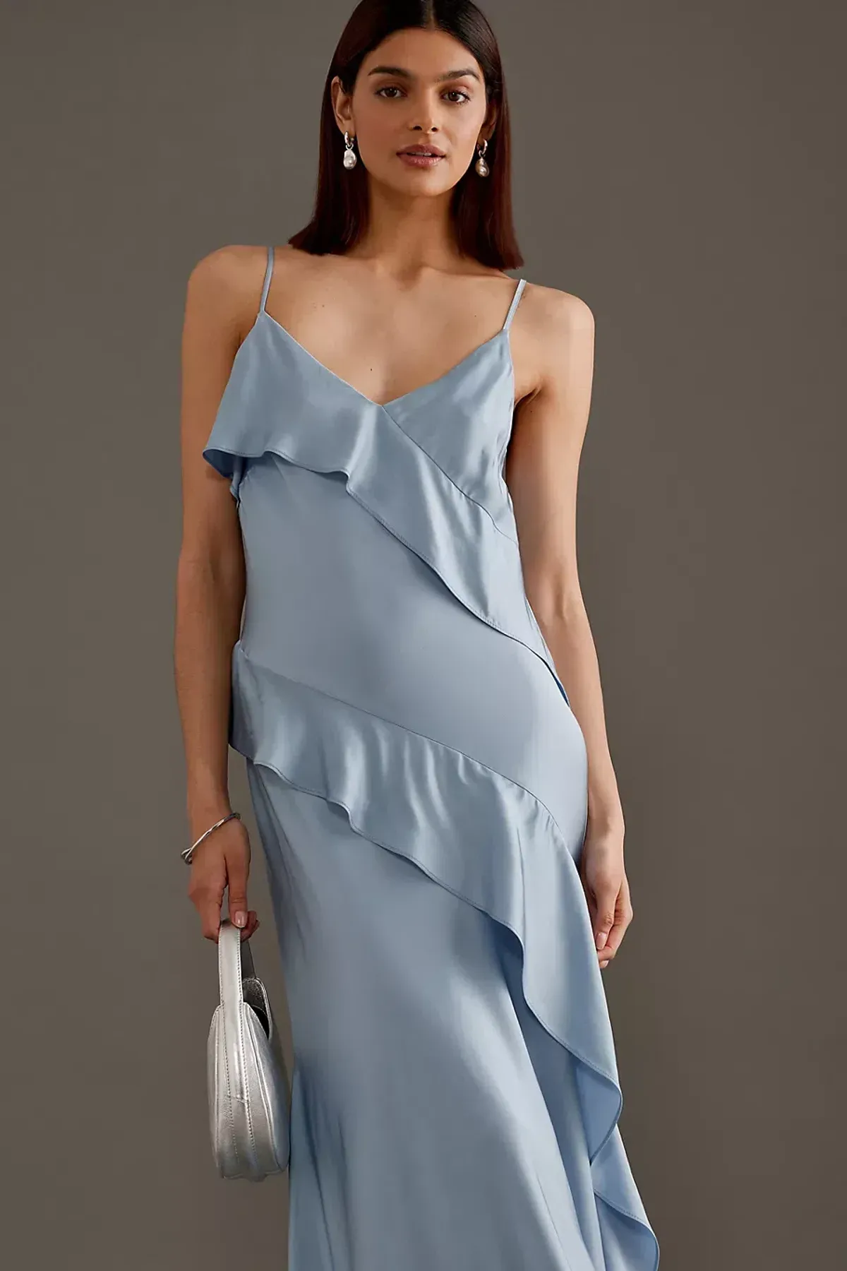 Anthropologie Asymmetric Ruffle Maxi Slip Dress Blue Size 10 - Image 4