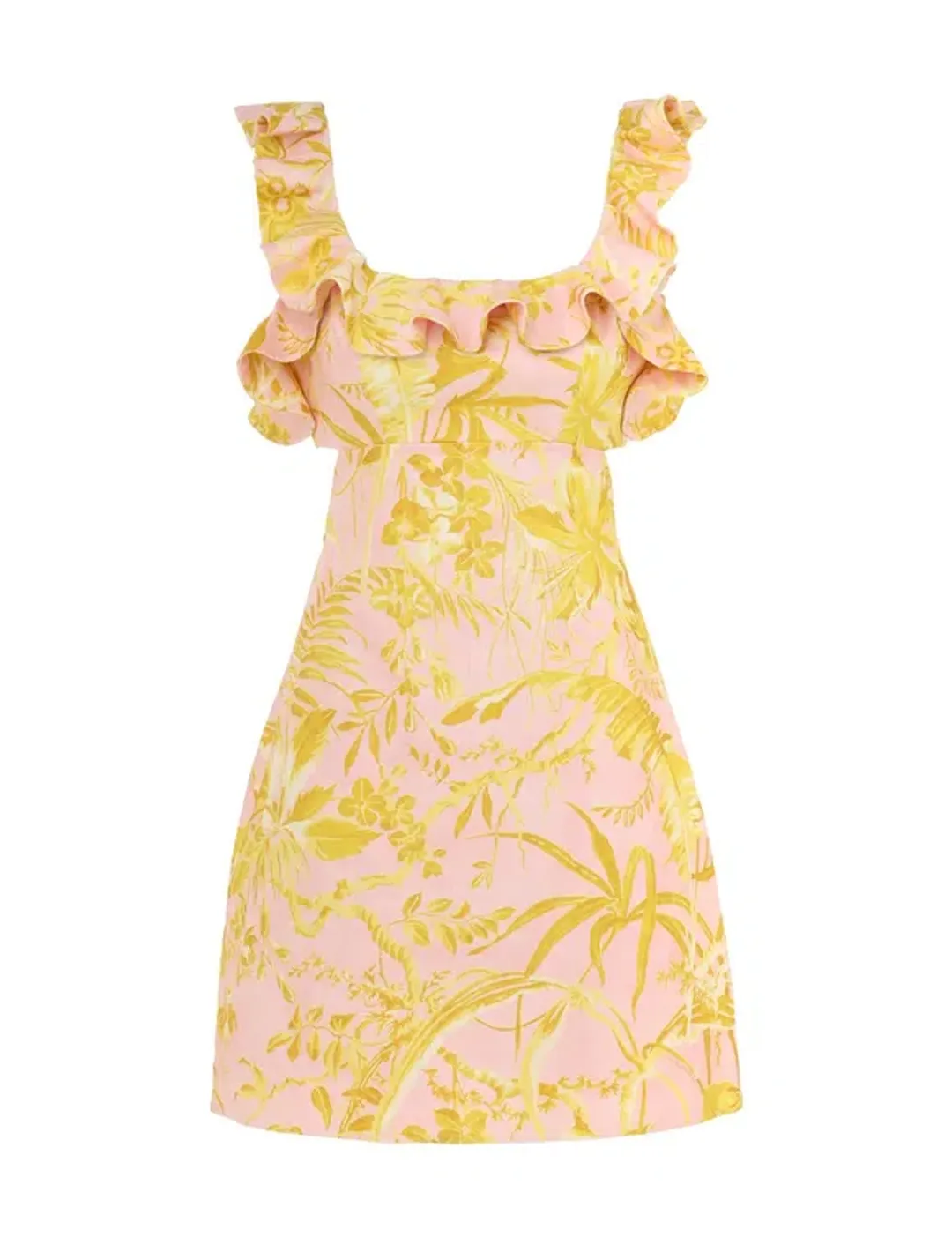 Zimmermann The Golden Ruffle Mini Dress in Pink/Gold Floral Size 0/Au 8 for rent on The Volte - main image