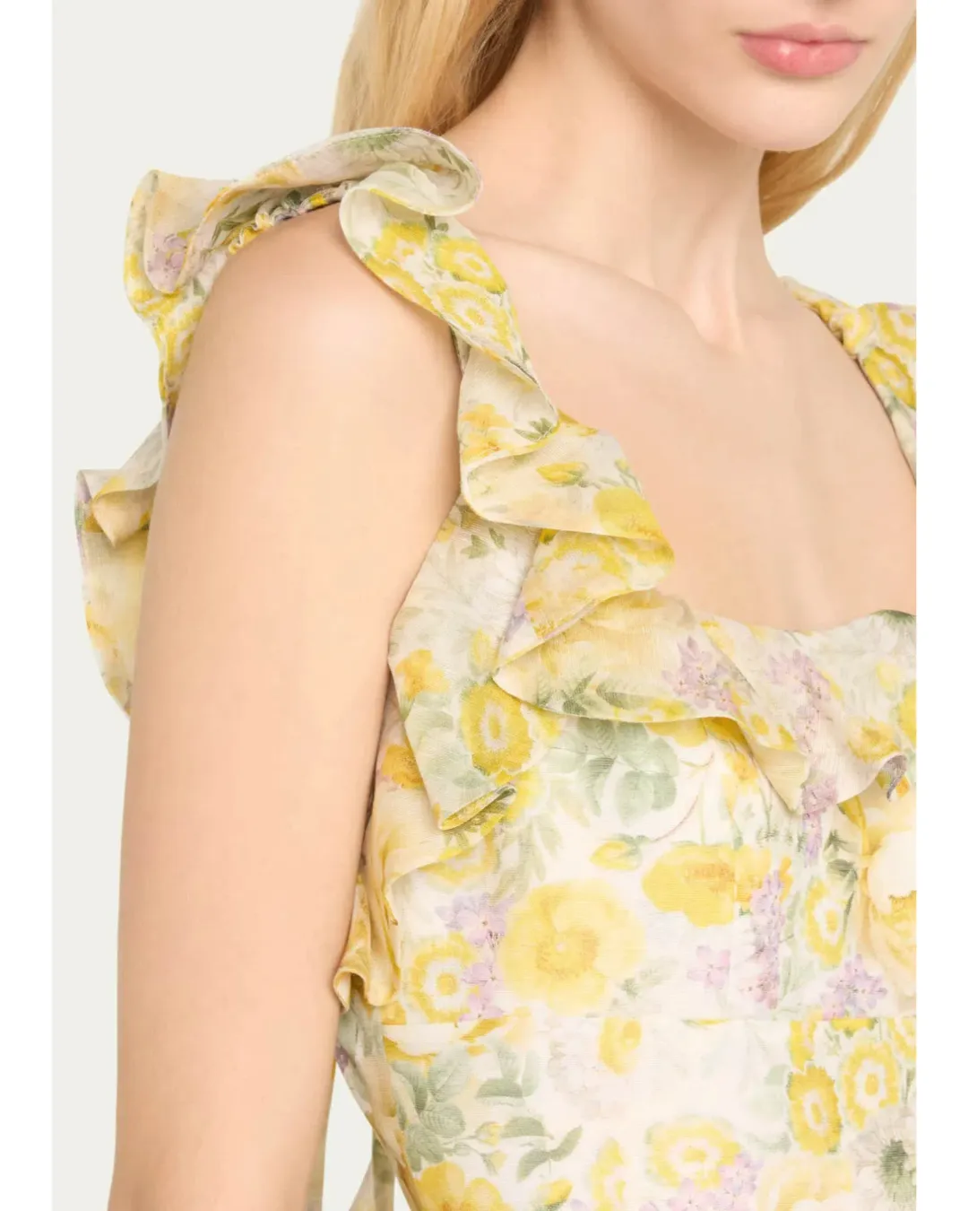 Zimmermann The Harmony Frilled Mini Dress in Citrus Garden Print Size 1 / AU 10 for rent on The Volte - main image