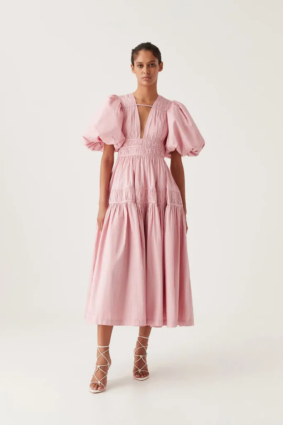 Aje Fallingwater Ruched Midi Dress Pink Size 12 for rent on The Volte - main image