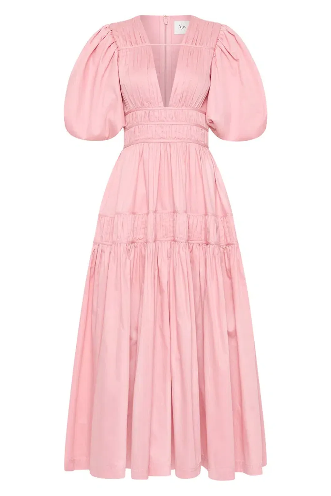 Aje Fallingwater Ruched Midi Dress Pink Size 12 for rent on The Volte - main image