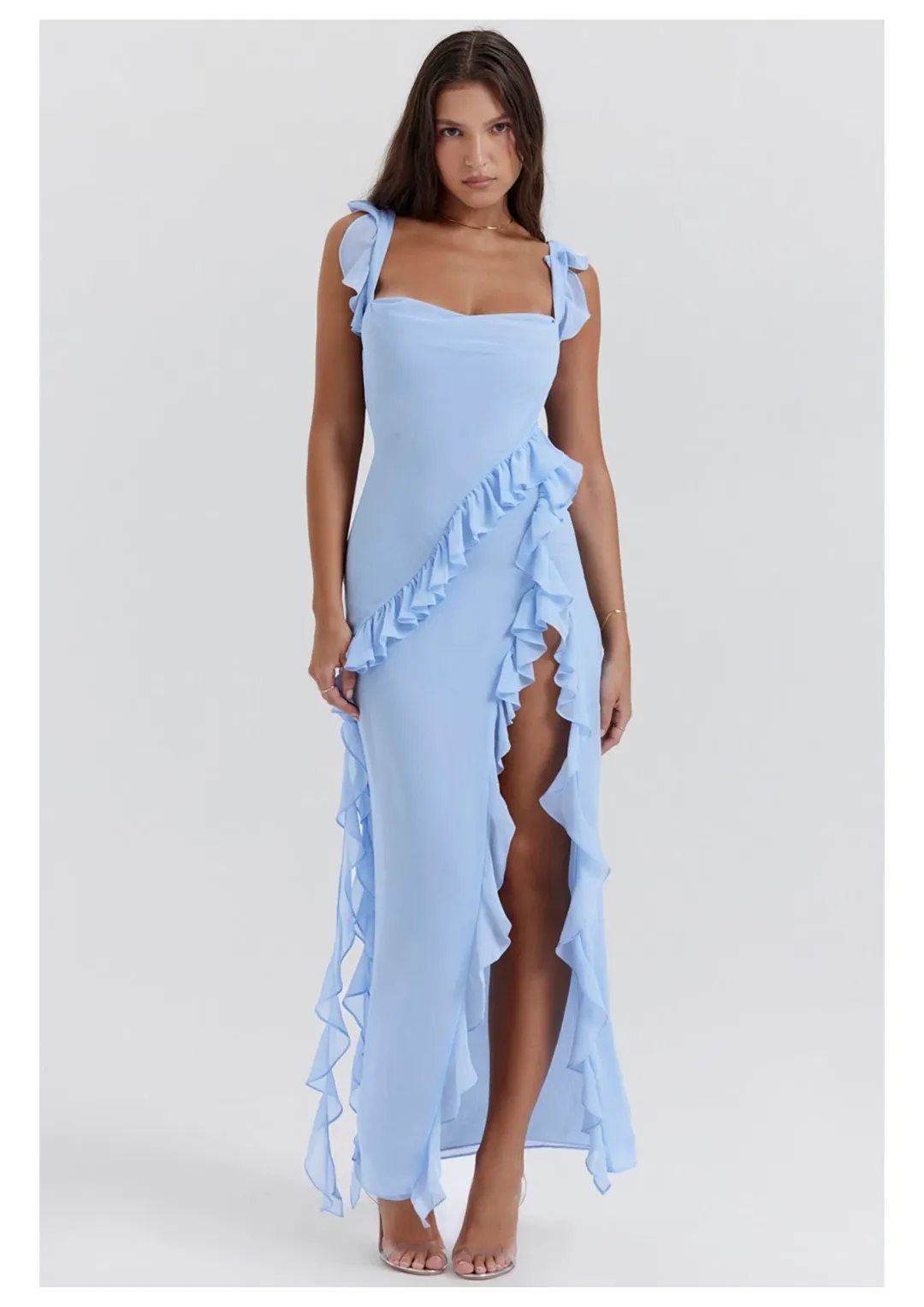House of CB Ariela Ruffle Maxi Dress in Soft Blue Size S / AU 8 for rent on The Volte - main image