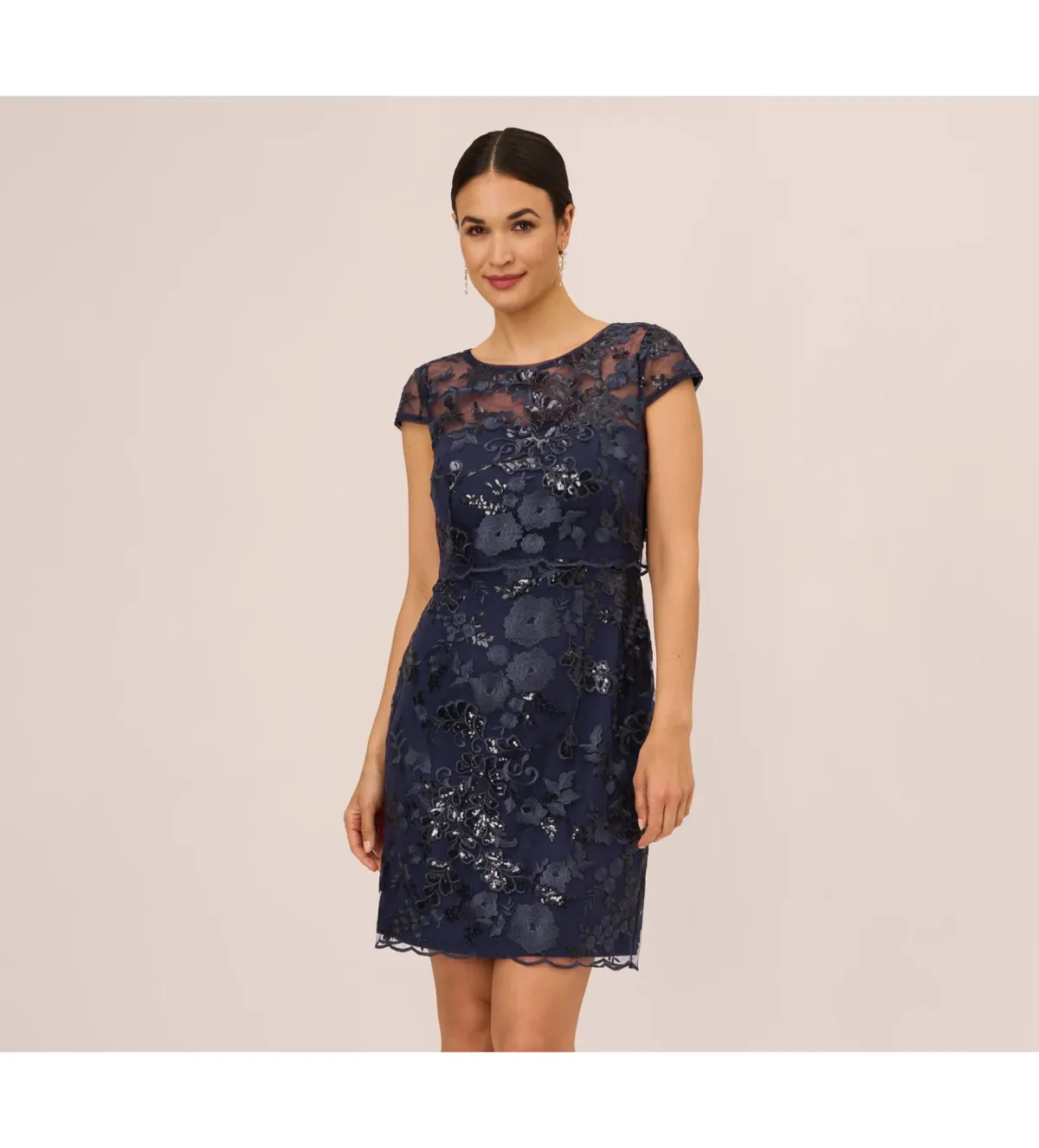 Adrianna Papell Sequin Floral Short Sleeve Mini Dress with Popover in Navy Size AU 6 - Image 2