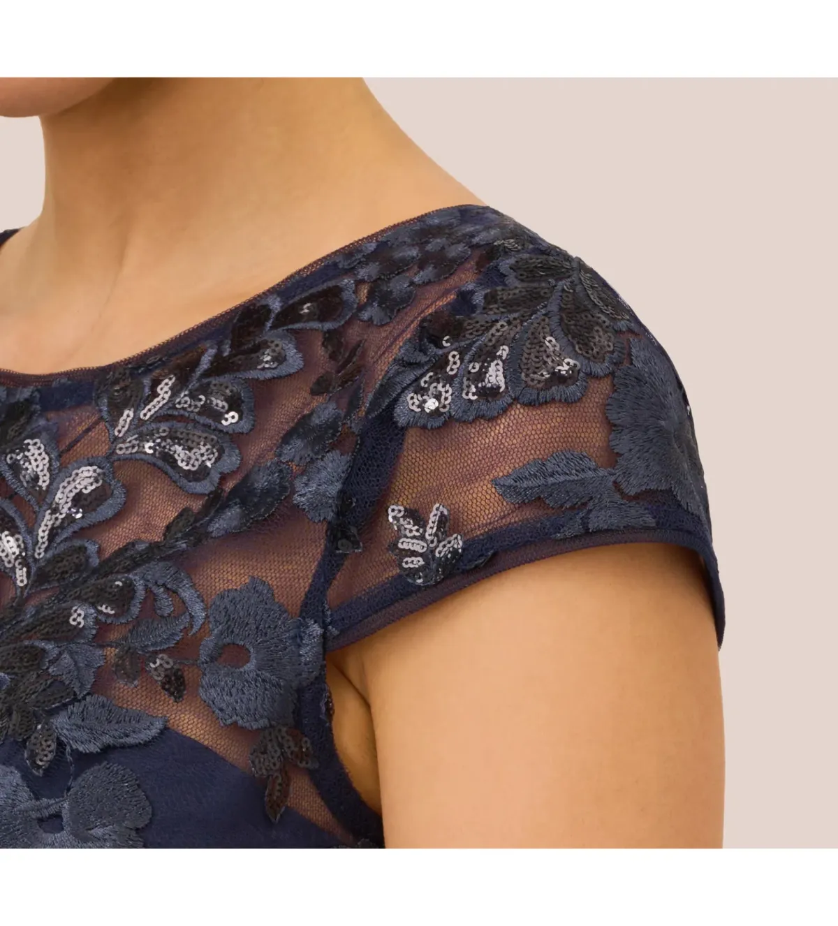 Adrianna Papell Sequin Floral Short Sleeve Mini Dress with Popover in Navy Size AU 6 - Image 5