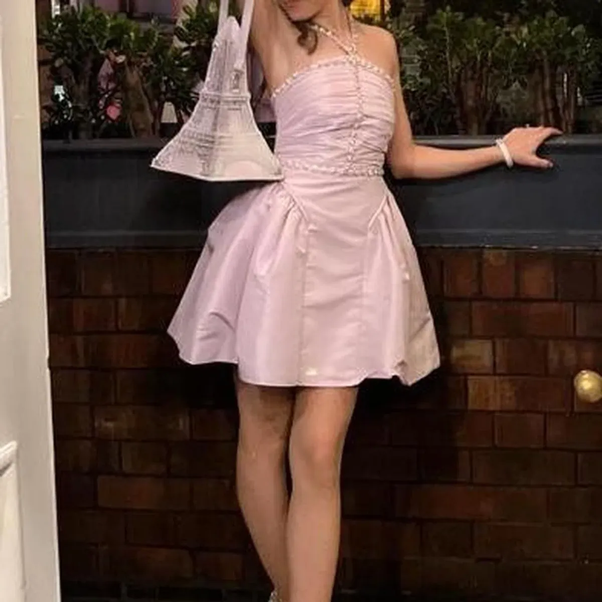 Self Portrait Crystal Embellished Ruched Taffeta Mini Dress Lilac Size 6 - Image 3