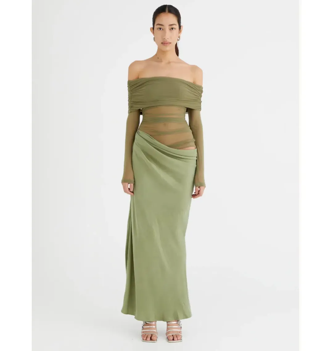 Benni Yasmin Off Shoulder Maxi Dress Pistachio Green Size AU 8  for rent on The Volte - main image