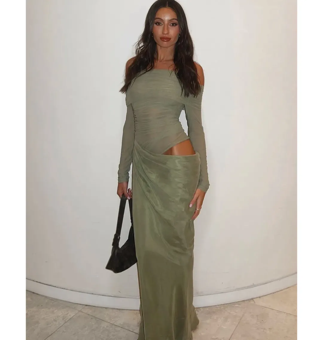 Benni Yasmin Off Shoulder Maxi Dress Pistachio Green Size AU 8  for rent on The Volte - main image